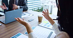 Hands, business people and presentation with documents, pitch and discussion for meeting in office. Group, technology and communication for brainstorming, project and teamwork in company as proposal