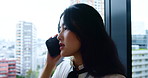Japanese woman, business and phone call in office with communication, networking or connection. Female person, mobile tech and talking for company, project manager or corporate on app in conversation