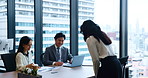 Japanese, business people and greeting with bow in job interview, meeting or contract negotiation. Women, man and welcome in office as hr manager, employer or consultant in company or human resources