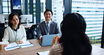 Japanese, business people and teamwork for meeting, presentation or proposal in discussion. Women, man and employee engagement for collaboration, brainstorming and project in finance agency or office