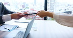 Hands, businessman and woman with paperwork for tax review, audit and investment in corporate. People, documents and collaboration in office as accountant, finance agency and management for teamwork