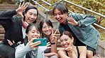 Fitness, peace sign and selfie with Japanese friends outdoor together for cardio training or workout. Break, exercise and smile of people on steps for photograph or social media profile picture