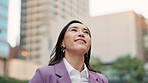 City, face and thinking with business woman outdoor for ambition, inspiration or opportunity in Japan. Breathing, idea and vision with happy Asian person in urban town for commuting or travel