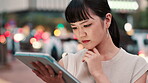 City, face and tablet with Japanese businesswoman outdoor for planning, problem solving or thinking. Idea, research and technology with serious Asian employee reading online information in urban town