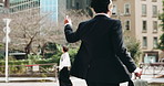 Businessman, dance and walking in city for success, positive attitude and energy with headphones. Employee, happy and music in Japan town for corporate travel, freedom and celebration with streaming