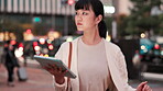 Business, tablet and walking with Japanese woman outdoor at city for break or email in evening. Internet, technology and thinking with serious Asian employee reading information online for research