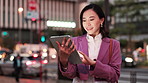 City, smile and tablet with business woman outdoor in Japan or networking or research at night. Street, traffic and travel with Japanese employee in urban town for app, email or social media