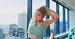 Fitness, woman and stretching arm in gym studio for body health, wellness or prepare for performance in Japan. Warm up muscle, exercise and Asian girl with flexibility, dance class and start practice