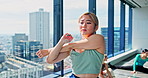 Fitness, woman and stretching arm in studio for body health, wellness and prepare for performance in Japan. Warm up muscle, exercise and Asian girl with flexibility, dance class and start practice