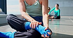 Health, stretching and dance with feet of woman in studio in Japan for performance, artist and flexibility. Learning, contemporary and theatre with closeup of person in class for dancer warm up