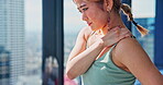 Dance, shoulder pain and pressure with Japanese woman in studio for performance injury, emergency and muscle fatigue. Theatre, inflammation and contemporary dancer with Asian person for health risk