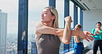 Fitness, woman and stretching muscle in gym studio for body health, wellness or prepare for performance in Japan. Warm up arm, exercise and Asian girl with flexibility, dance class and start practice