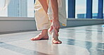 Floor, warm up and dance with feet of woman in studio in Japan for performance, artist and flexibility. Learning, contemporary and theatre with closeup of person in class for dancer stretching