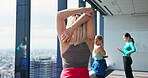 Fitness, back and girl stretching muscle in gym studio for body health, wellness and prepare for performance in Japan. Warm up arm, exercise and woman with flexibility, dance class and start practice