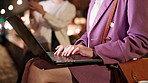 Night, businesswoman and hands with laptop in city for planning, deadline and typing in Tokyo. Dark, Japanese workaholic and tech on sidewalk with commitment, research project and networking at bokeh