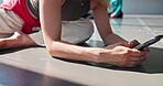 Dancer, fitness and person with smartphone, class and browsing of social media, texting and stretching. Typing, influencer and communication with fans, online and performer with mobile app and Japan