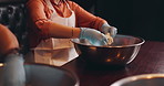 Noodles, cooking and hands with dough in restaurant for learning culinary skill, hobby and dinner. Fine dining, food and Japanese people with bowl for ramen, gourmet dish and traditional cuisine