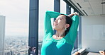 Japanese woman, fitness and stretching arm in gym studio for body health, wellness or prepare for dance class. Warm up muscle, exercise and happy girl with flexibility, workout or start performance