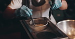 Noodles, cooking and hands of chef with ramen for learning culinary skill, hobby and meal prep. Food, dinner and Japanese person with hot pot for Asian dish, gourmet and traditional cuisine in fryer