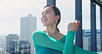 Fitness, happy woman and stretching arm in gym for body health, wellness and prepare for performance in Japan. Warm up muscle, exercise and Asian girl with flexibility, dance class and start practice