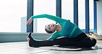 Fitness, girl and stretching legs on floor in studio for health, body wellness or prepare for performance in Japan. Hamstring, flexibility and woman warm up muscle, back exercise or start dance class