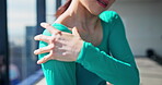 Dance, shoulder pain and closeup with Japanese woman in studio for performance injury, emergency and muscle fatigue. Theatre, inflammation and contemporary dancer with Asian person for health risk