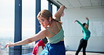 Japanese woman, rehearsal and dance studio for practice, training and choreography in ballet class. Female person, technique and energy as professional dancer for company, theater and performance art