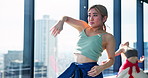 Japanese woman, rehearsal and dance studio for practice, training and choreography in kabuki class. Female person, technique and energy as professional dancer for company, theater and performance art