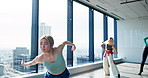Japanese women, energy and contemporary dance in class with practice, training and choreography. Female people, technique and rehearsal as professional dancer for company, theater and performance art