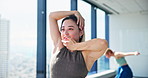 Modern, dance and woman in studio for creative performance, fitness and energy in class. Talent, art and contemporary dancer in team training with smile, movement and fun theater academy in Japan.