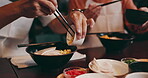 Hands, Japanese man and woman with recipe for healthy meal, food and traditional cuisine as couple. People, serving and ramen noodles as culinary culture, dinner or preparing dish in Asian restaurant