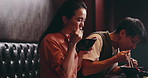 Restaurant, lunch and couple eating ramen together for romantic date, bonding and relax at table. Love, man and woman at noodle cafe for Japanese food, culture and weekend diet with dinner service