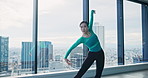 Dance, energy or woman in studio, talent and wellness with training, motion or artistic performance. Japan, dancer or exercise with practice, creative or moving with routine, professional and window