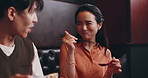 Restaurant, lunch and happy couple eating ramen together for romantic date, bonding and relax at table. Love, man and woman at noodle cafe with Japanese food, culture and thumbs up for dinner service