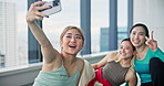 Asian women, dancers and selfie with friends for picture, photography or memory together at studio. Japanese, female people or group with smile for social media, post or capture at dancing class
