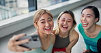 Asian women, dancers and selfie with team for picture, photography or memory together at studio. Japanese, female people or friends with smile for social media, post or capture at dancing class