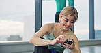 Woman, break and dancer with phone, class and browsing on social media, website or blog. Asian girl, happy influencer or mobile app with fans, online followers or studio performer with smile in Japan