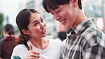 Happy, laughing and couple with smartphone, city and smile for digital map, bonding and vacation for love. Outdoor, joy and directions in mobile for tourism, Japanese people and holiday in Tokyo
