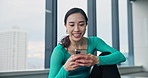 Laughing, break and dancer with smartphone, class and browsing of social media, woman and watching. Typing, influencer and communication with fans, online and performer with mobile app and Japan