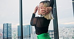 Studio, contemporary dancing and woman with creative rehearsal, practice or performance. Art, portrait and Japanese person with interpretive choreography for groove, recital or talent with energy.