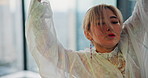 Woman, dancing or studio with lights for hip hop performance, creative passion and training. Neon fashion, practice and Japanese dancer with glass or window in class for exercise, moving or motion