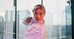 Studio, face or Asian woman with rhythm for dancing, creative flow or performance training. Girl, portrait or Japanese dancer with hobby, hip hop or unique art in class for exercise, moving or motion