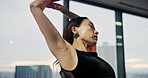Studio, contemporary dance and student with creative rehearsal, practice or performance. Art, portrait and Japanese woman with interpretive choreography for groove, recital or talent with energy.