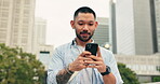 Japanese man, direction and mobile phone with walk, digital map and outdoor in street or city. Male person, confidence and navigation on technology for connection, social media app and communication