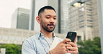 Japanese man, outdoor and mobile phone with walk, digital map and direction in street or city. Male person, confidence and navigation on technology for connection, social media app and communication