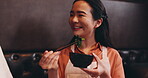 Japanese woman, recipe and smile for healthy dish, food or traditional cuisine with diet in cafe. Female person, aroma and seaweed in culinary culture, dinner or meal prep for smell, eating and taste