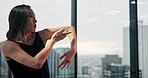 Concert, contemporary dance and woman with creative rehearsal, practice or performance. Art, storytelling and Japanese person with interpretive choreography for groove, recital or talent with energy.