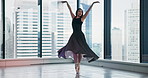 Woman, Japanese ballet and dancing in studio with elegance, talent or audition performance. Dancer, movement and creative at window with artistic expression, theater rehearsal or culture choreography