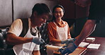 People, pasta and machine in cooking class for teaching, learning and help in Japanese restaurant. Asian couple, smile and ramen making at course for experience, traditional meal or culture education