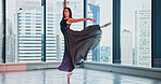 Woman, ballet and dancing in studio with talent, elegance or audition performance. Japanese dancer, movement and creative at window with artistic expression, theater rehearsal or culture choreography